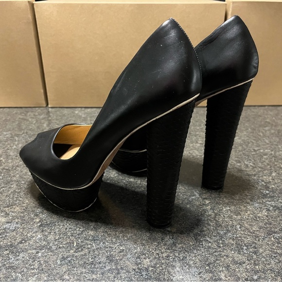 LAMB Black Leather Snake Platform High Heel Chunky Peep Toe Sexy Pump 8 - Picture 3 of 10